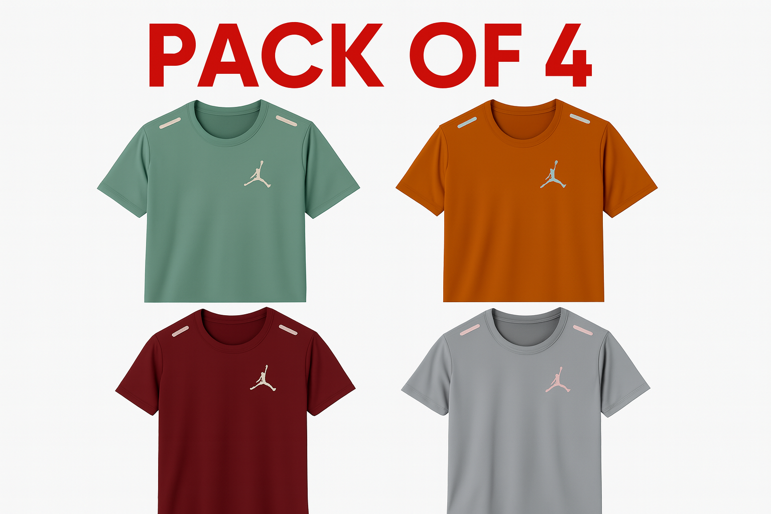 Athletic shirts collection with red "Pack of 4" text - showing four color variants of Jordan-style t-shirts