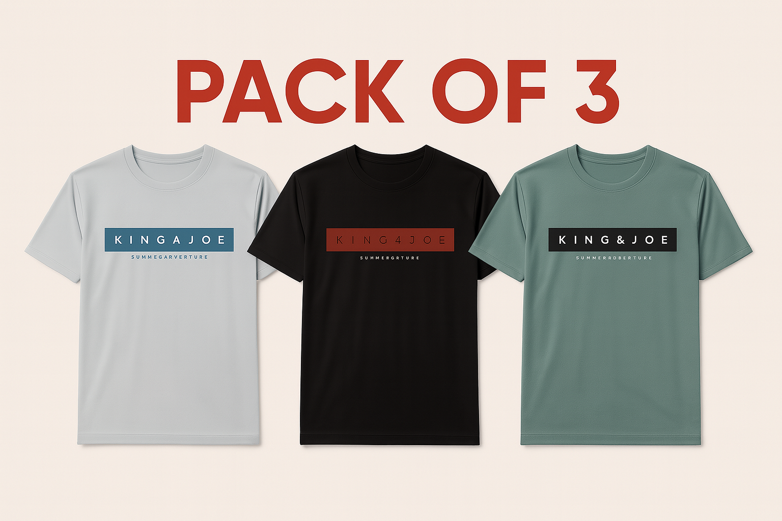 KINGAJOE t-shirt collection with red "Pack of 3" text - three color variant bundle featuring gray, black, and sage green shirts