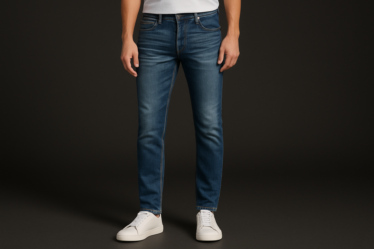 Professional product photo of blue jeans on male model legs in studio setting