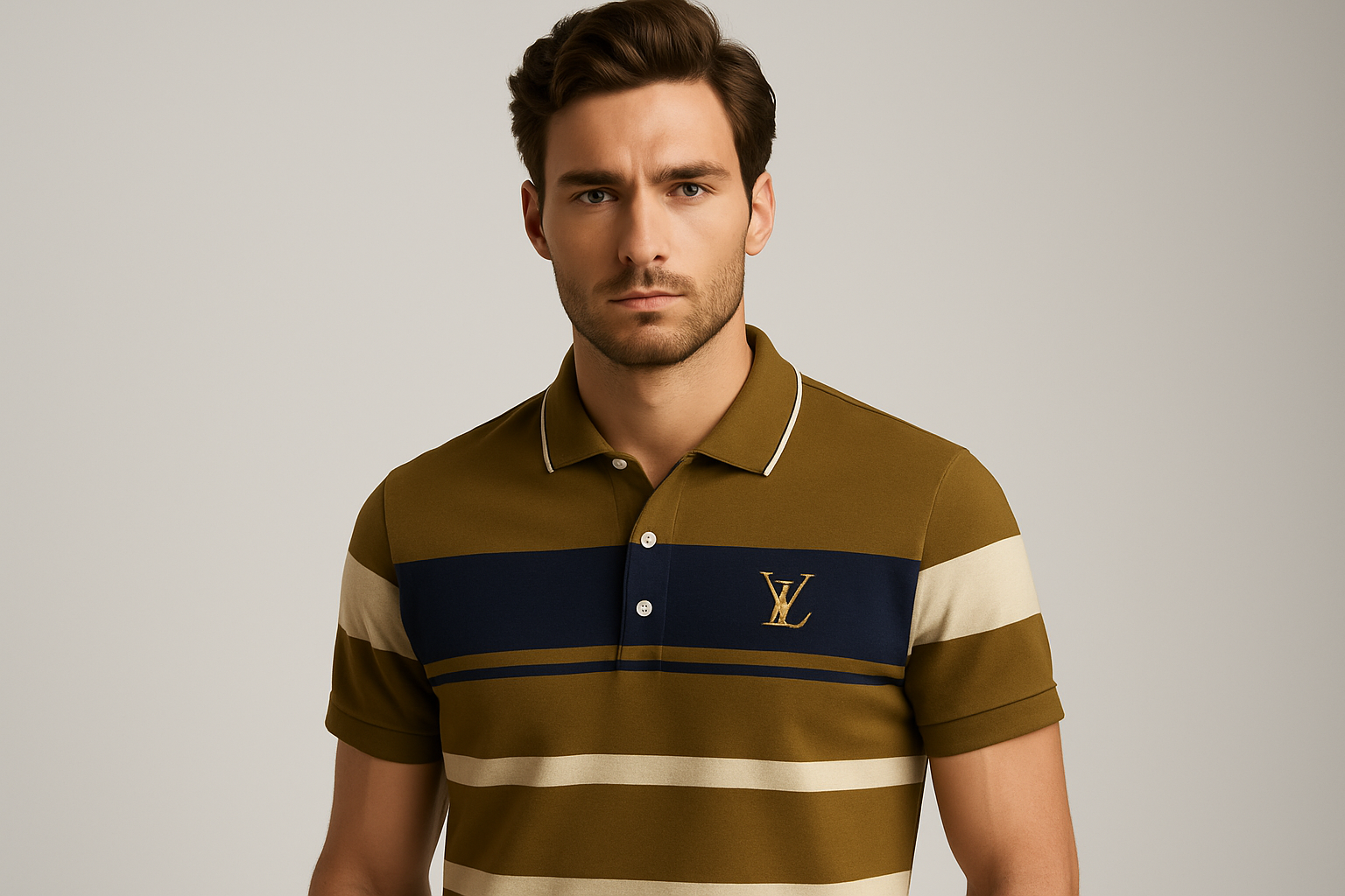Professional studio portrait of a male model wearing the striped polo shirt