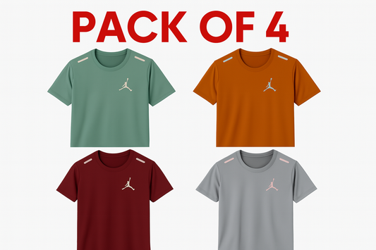 Athletic shirts collection with red "Pack of 4" text - showing four color variants of Jordan-style t-shirts