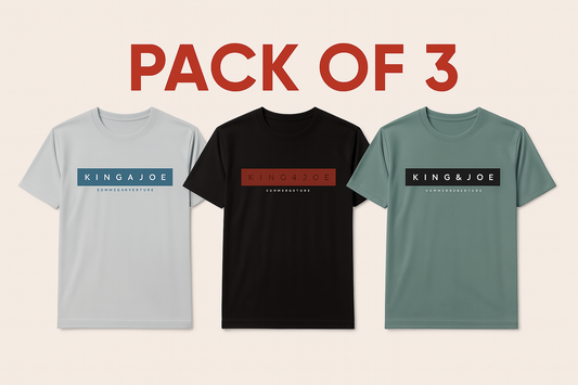 KINGAJOE t-shirt collection with red "Pack of 3" text - three color variant bundle featuring gray, black, and sage green shirts