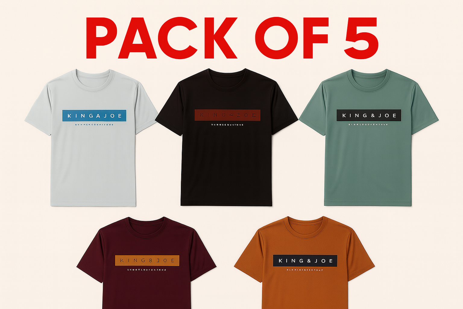 KINGAJOE t-shirt collection with red "Pack of 5" text - complete color range bundle