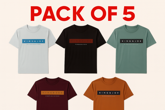 KINGAJOE t-shirt collection with red "Pack of 5" text - complete color range bundle