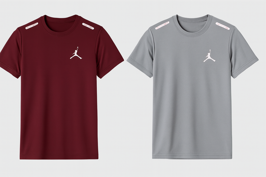 Merged athletic shirts - maroon and gray Jordan-style t-shirts displayed side by side