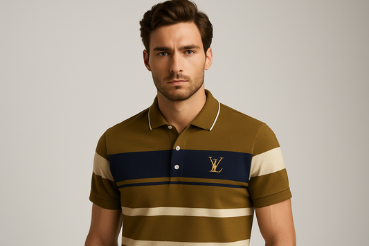 Professional studio portrait of a male model wearing the striped polo shirt